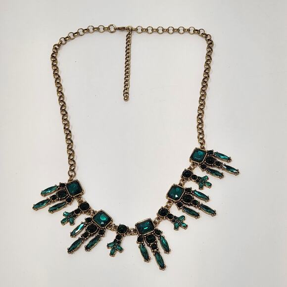 Art Deco Style Green Rhinestone Statement Necklace Gold Tone Costume Jewelry - Picture 3 of 6